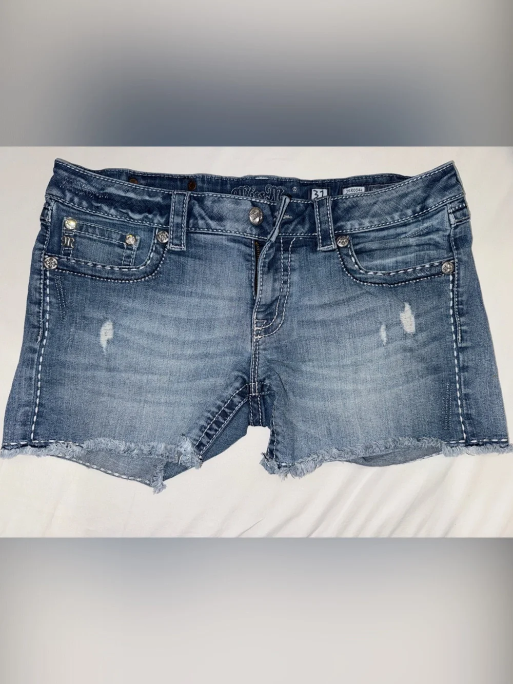 Y2K Miss Me Blue Distressed Frayed Hem Denim Shorts